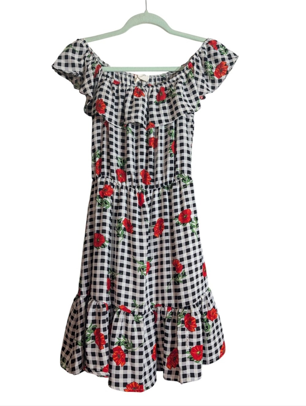 Everly Gingham Poppy Floral Off Shoulder Ruffle Dress Fit & Flare Made in USA S - Picture 2 of 9